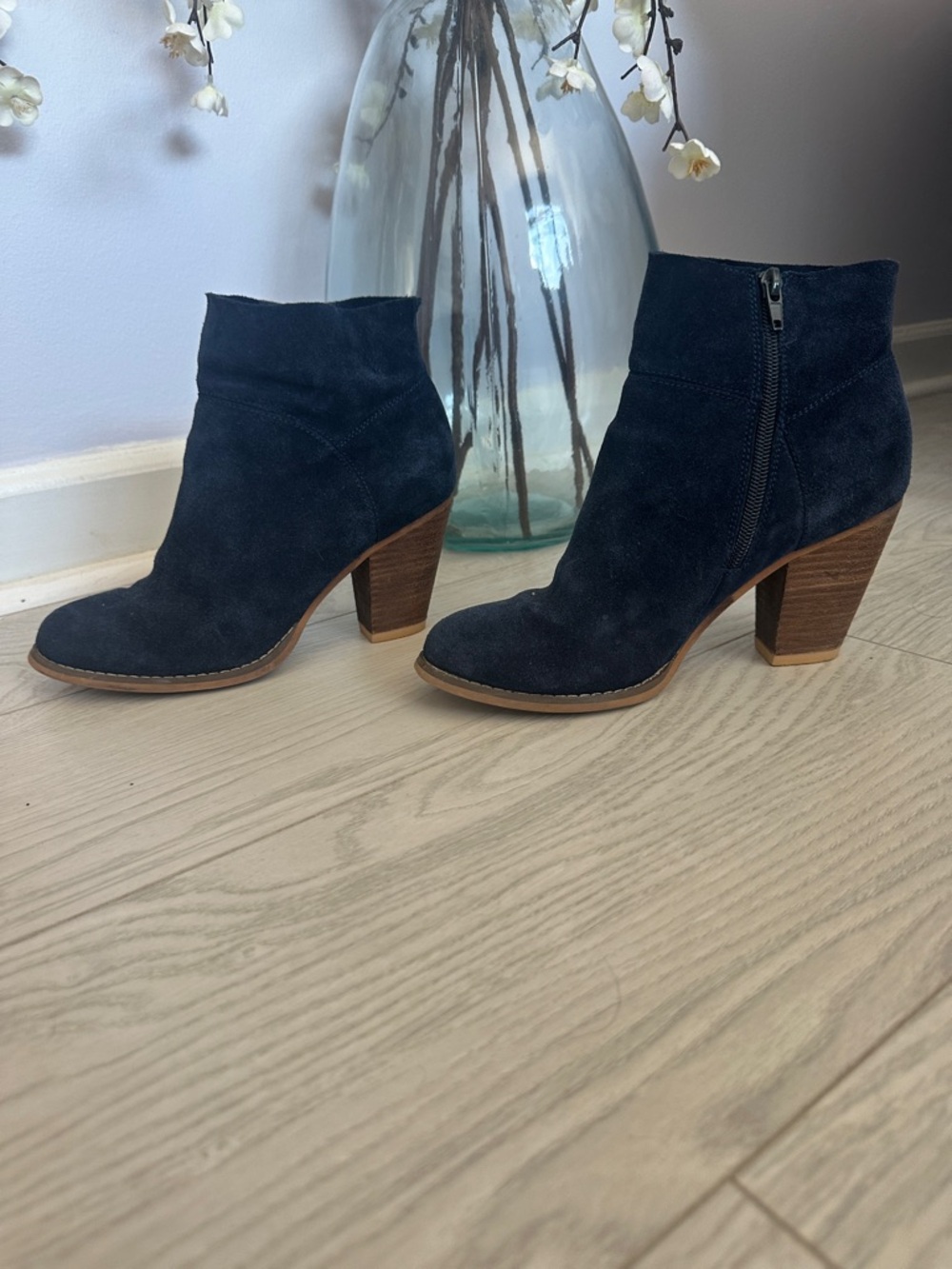 Suede Navy Ankle Boots with Stacked Heel